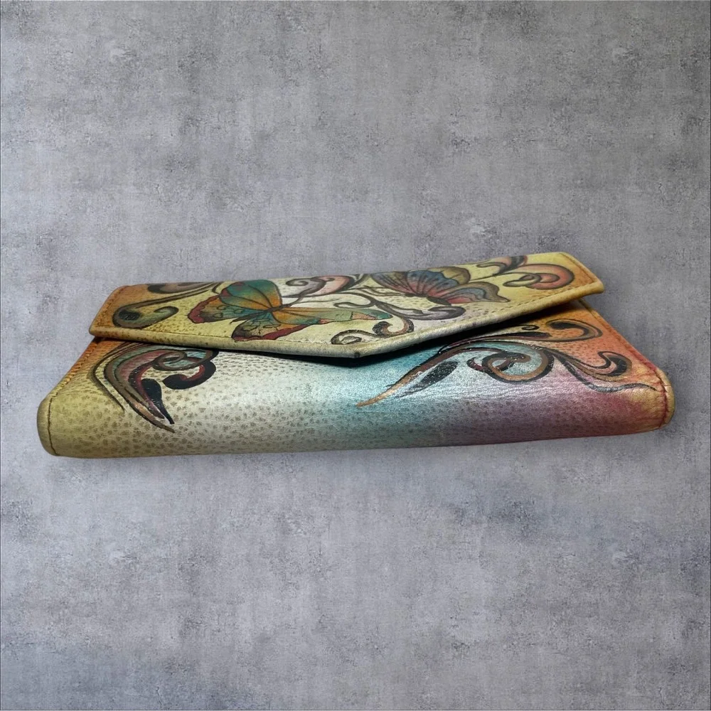Anuschka Hand Painted Leather Envelope Flap Organizer Wallet Butterflies Floral